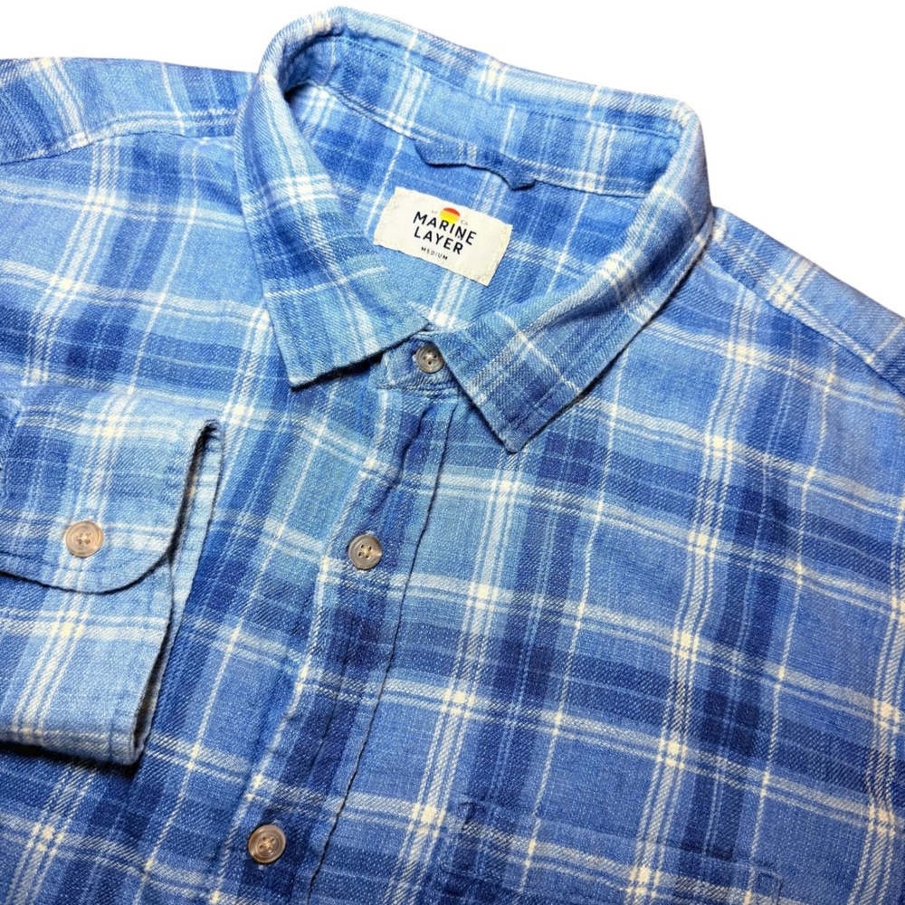 Marine Layer Mens Medium Blue Plaid Button Down Flannel Shirt Long Sleeve